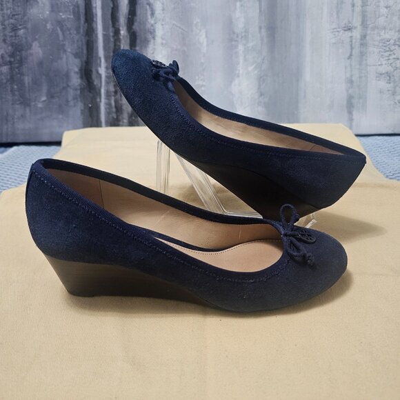 Tory Burch Sally Navy Blue Suede Leather Wedge Pumps Shoes Women’s Size 6 - Picture 3 of 6